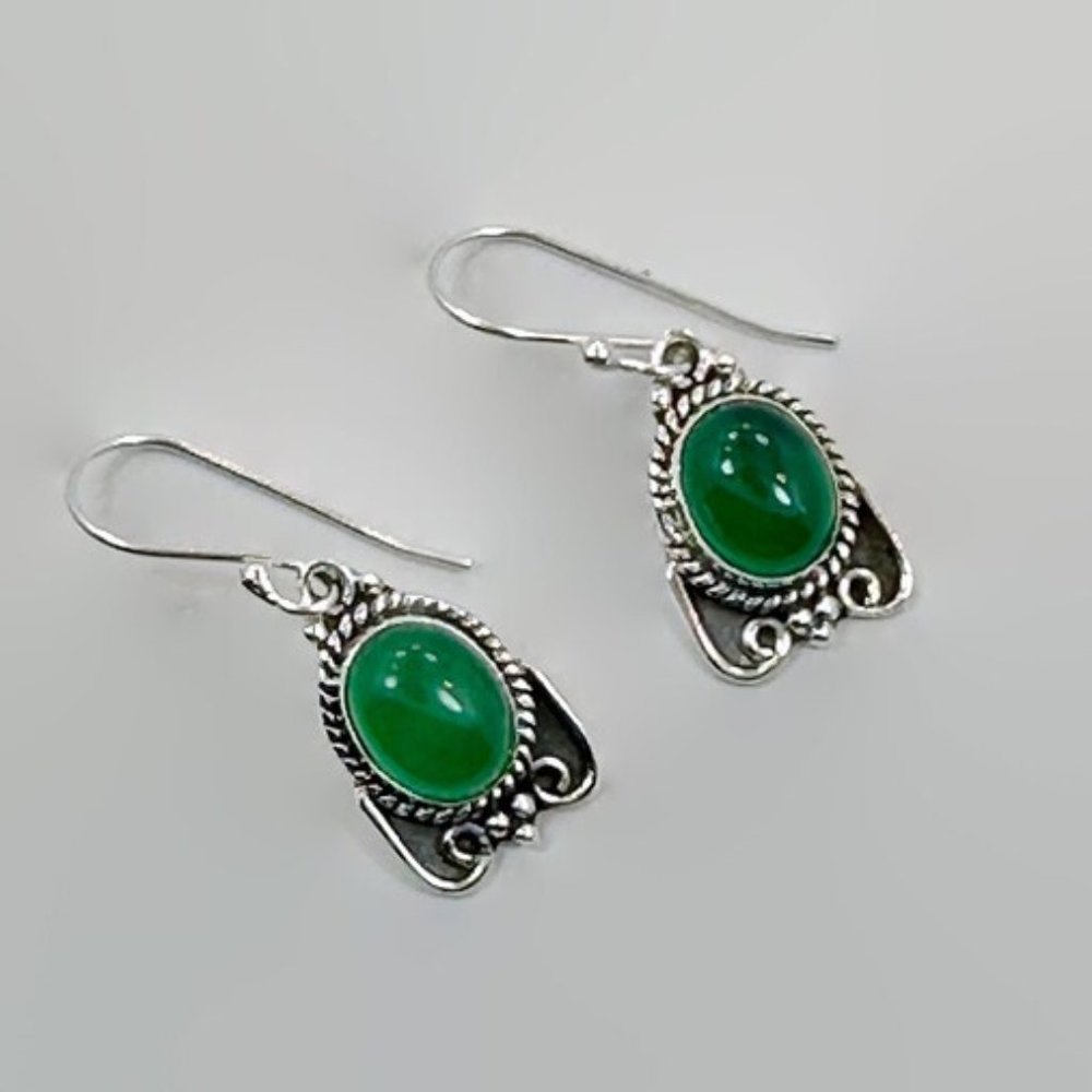Green Onyx Earrings, Sterling Silver, Pierced, Dangles, Green Stone, Artisan